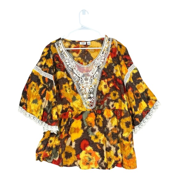 Cato 18/20W Yellow Brown Top Bohemian Gypsy Crochet Lace Hippie Fairy Ar… - Picture 1 of 10